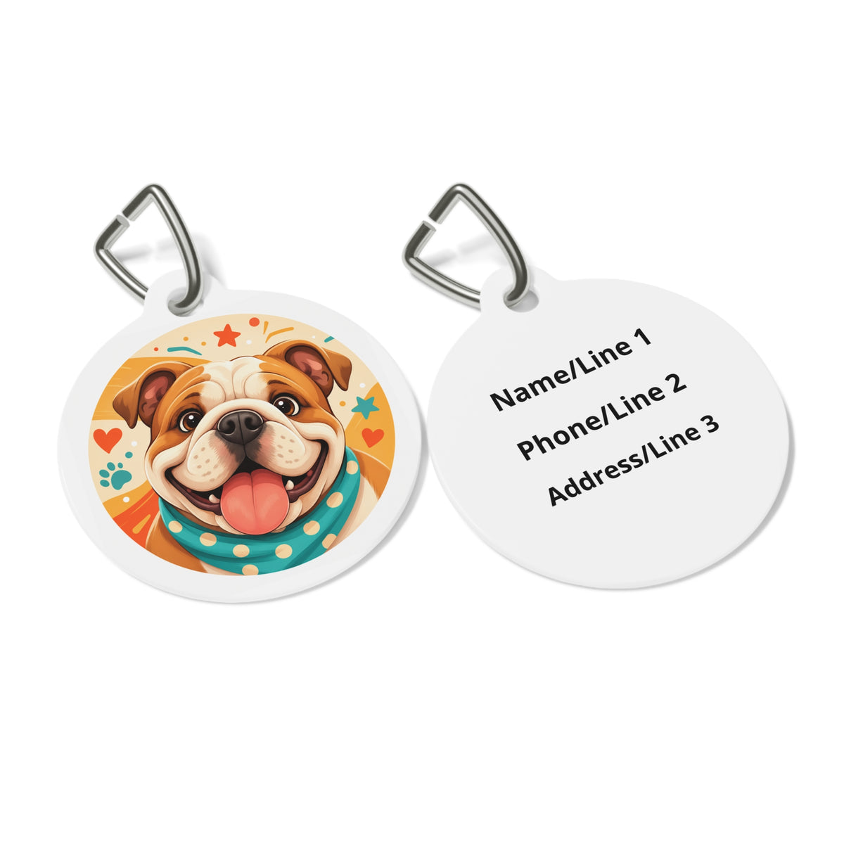 Close-up of Bulldog Sunshine Bandana artwork on personalized dog ID tag