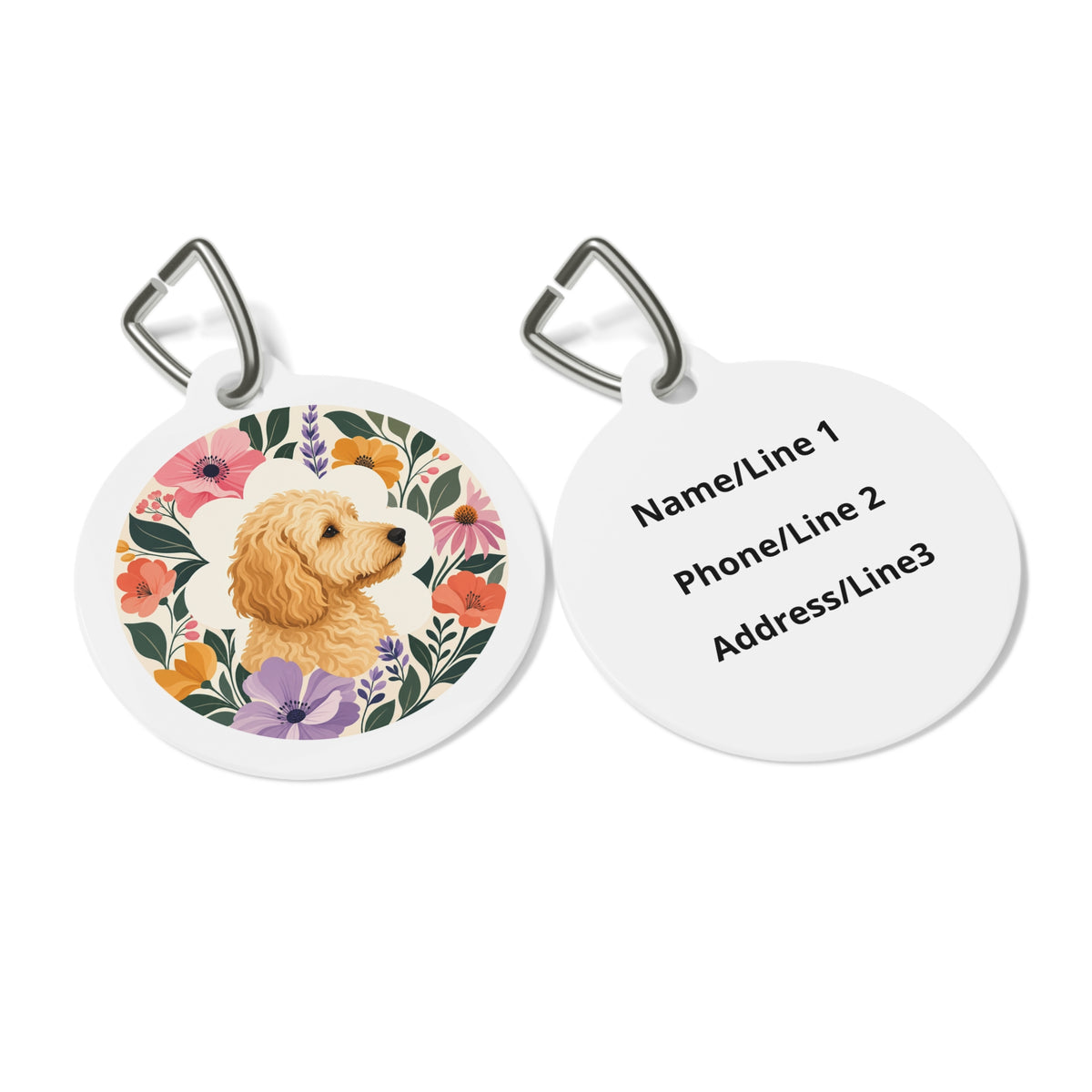 Close-up of Goldendoodle Botanical Floral Portrait artwork on personalized dog ID tag