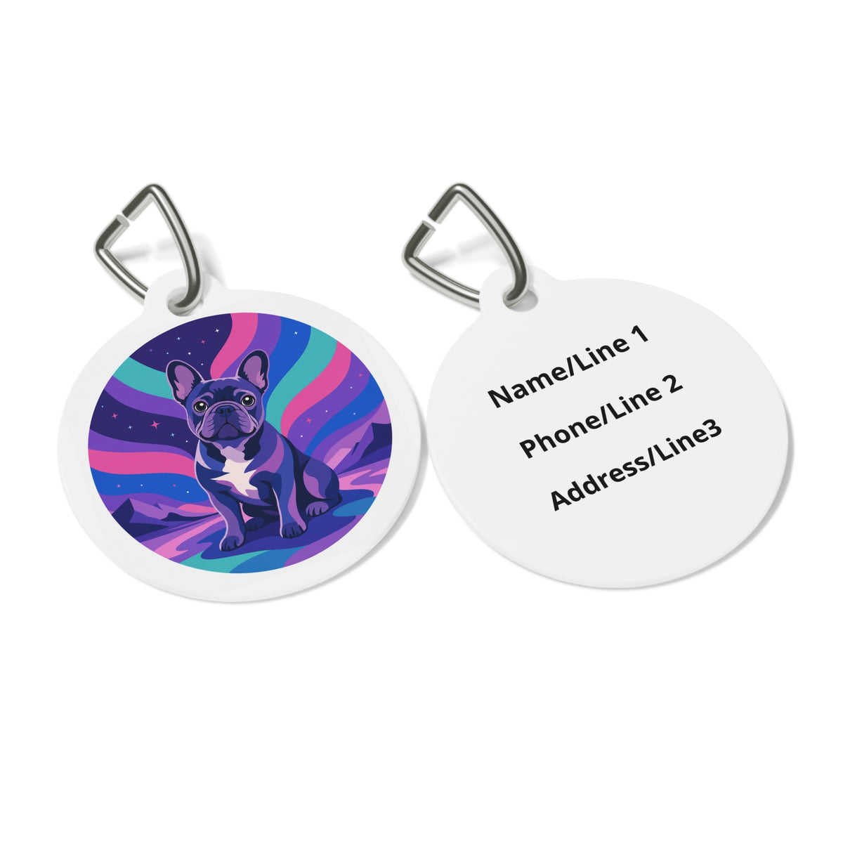 Close-up of French Bulldog Cosmic artwork on personalized dog ID tag