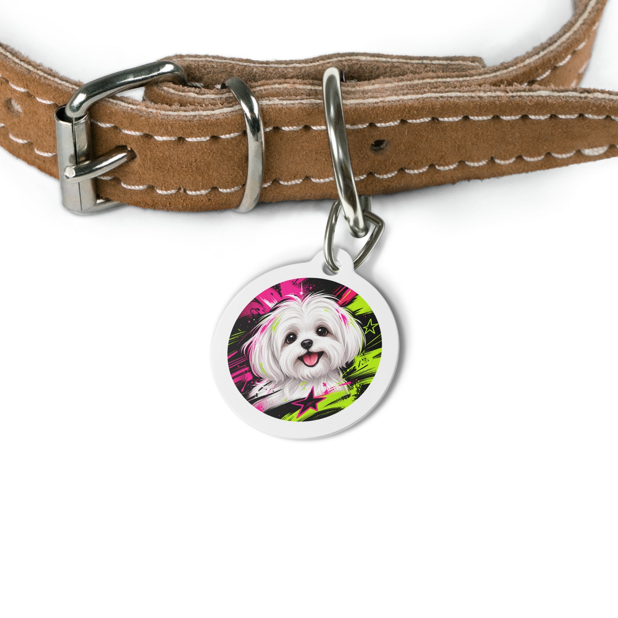 Maltese Neon Pop Portrait Personalized Dog ID Tag