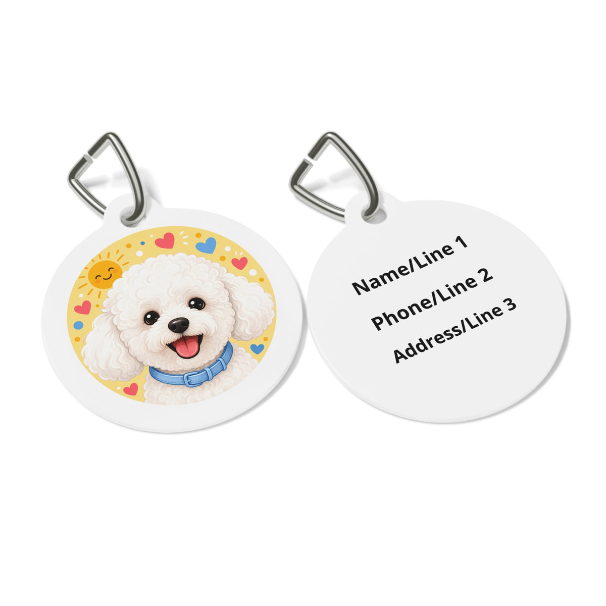 Close-up of Bichon Frise Cute Portrait artwork on personalized dog ID tag