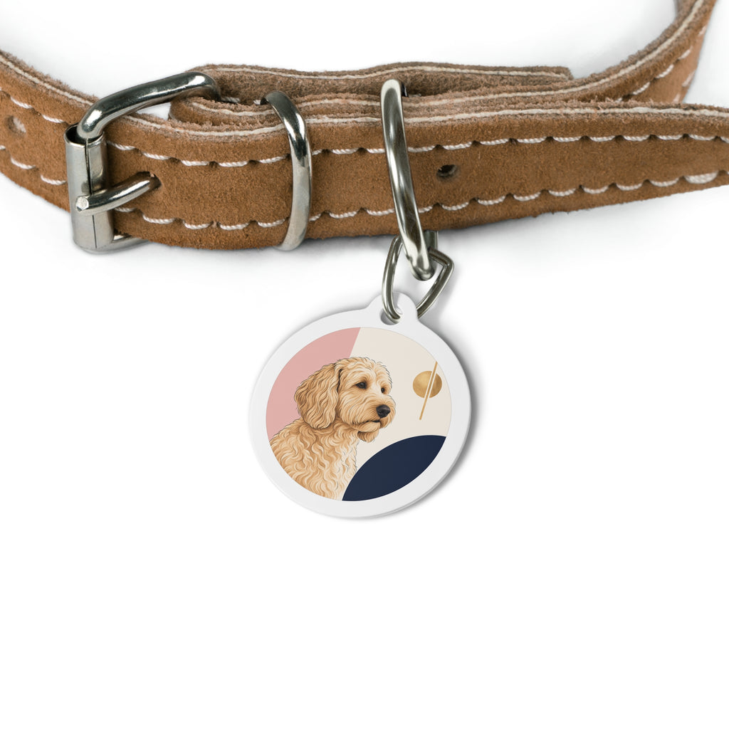 Etiqueta de identificación de perro personalizada con retrato geométrico moderno Goldendoodle