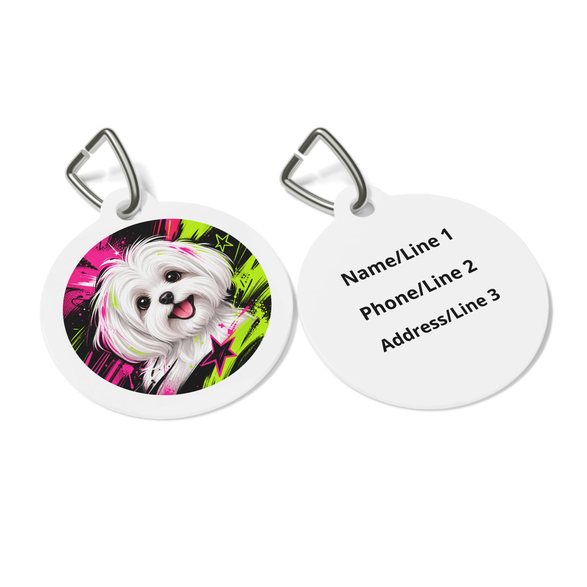 Close-up of Maltese Neon Pop Portrait artwork on personalized dog ID tag