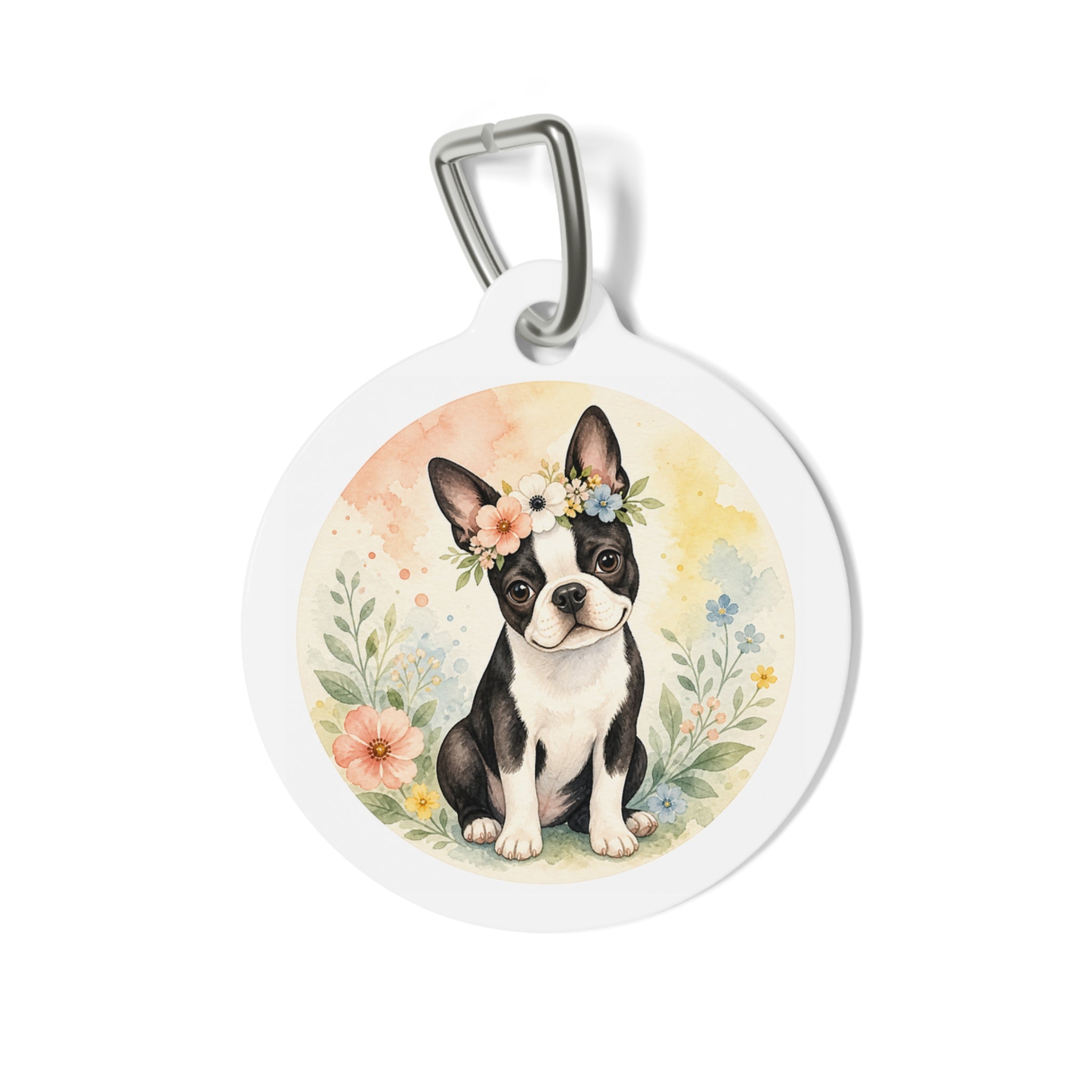 Boston Terrier Garden Watercolor Personalized Dog ID Tag