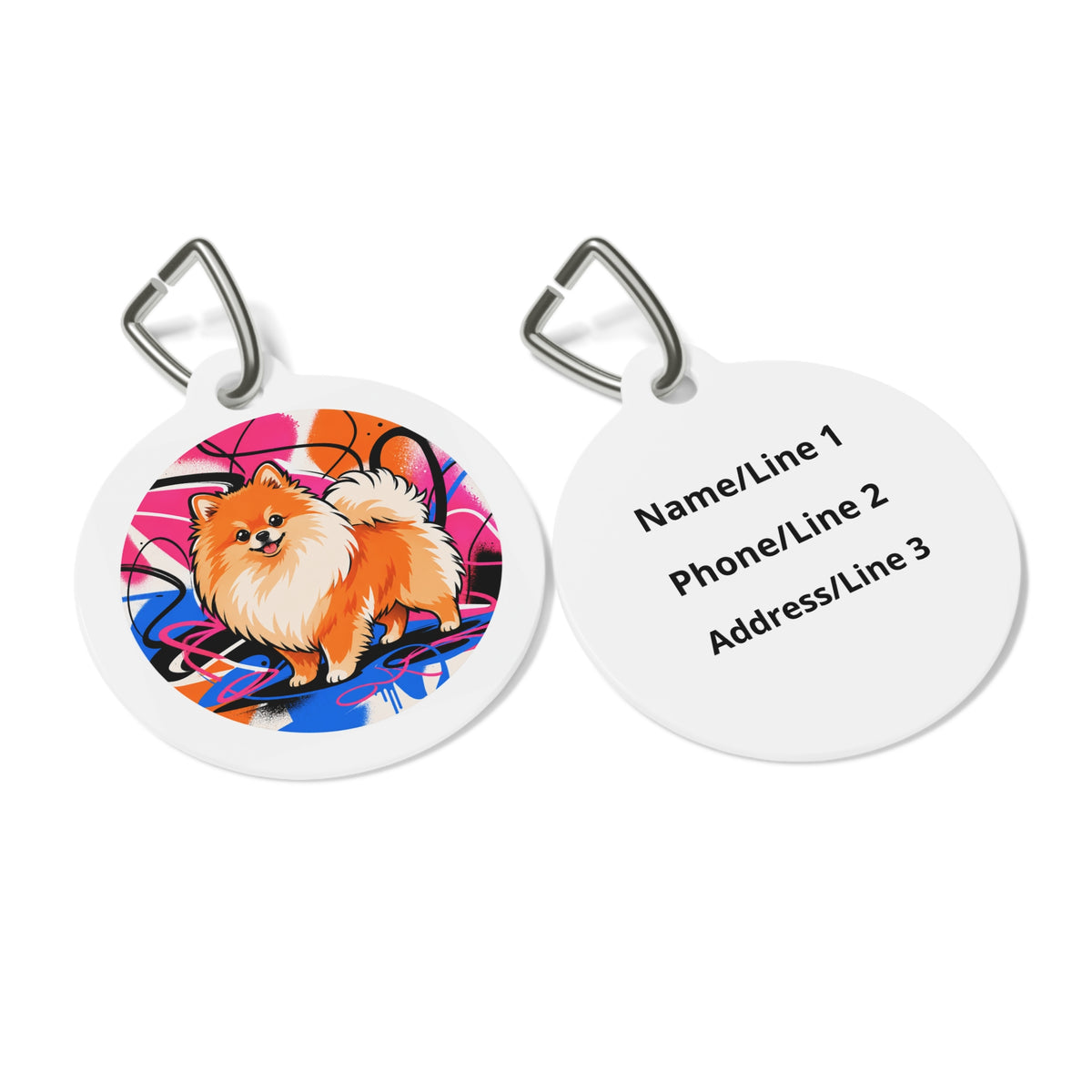 Close-up of Pomeranian Sporty Graffiti Pop artwork on personalized dog ID tag