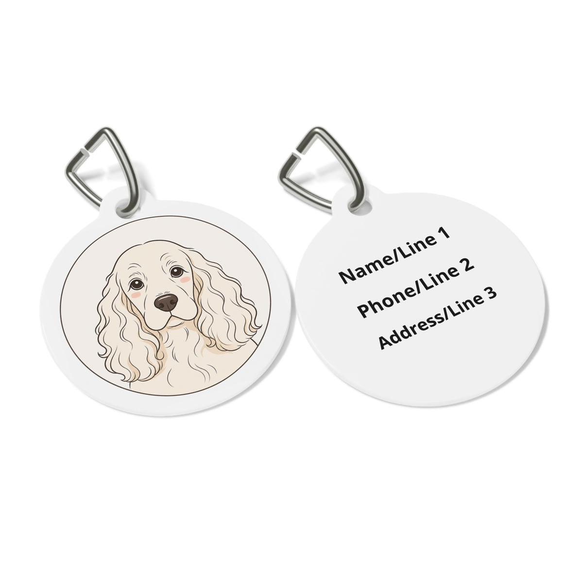 Close-up of Cocker Spaniel Minimal Line Portrait artwork on personalized dog ID tag
