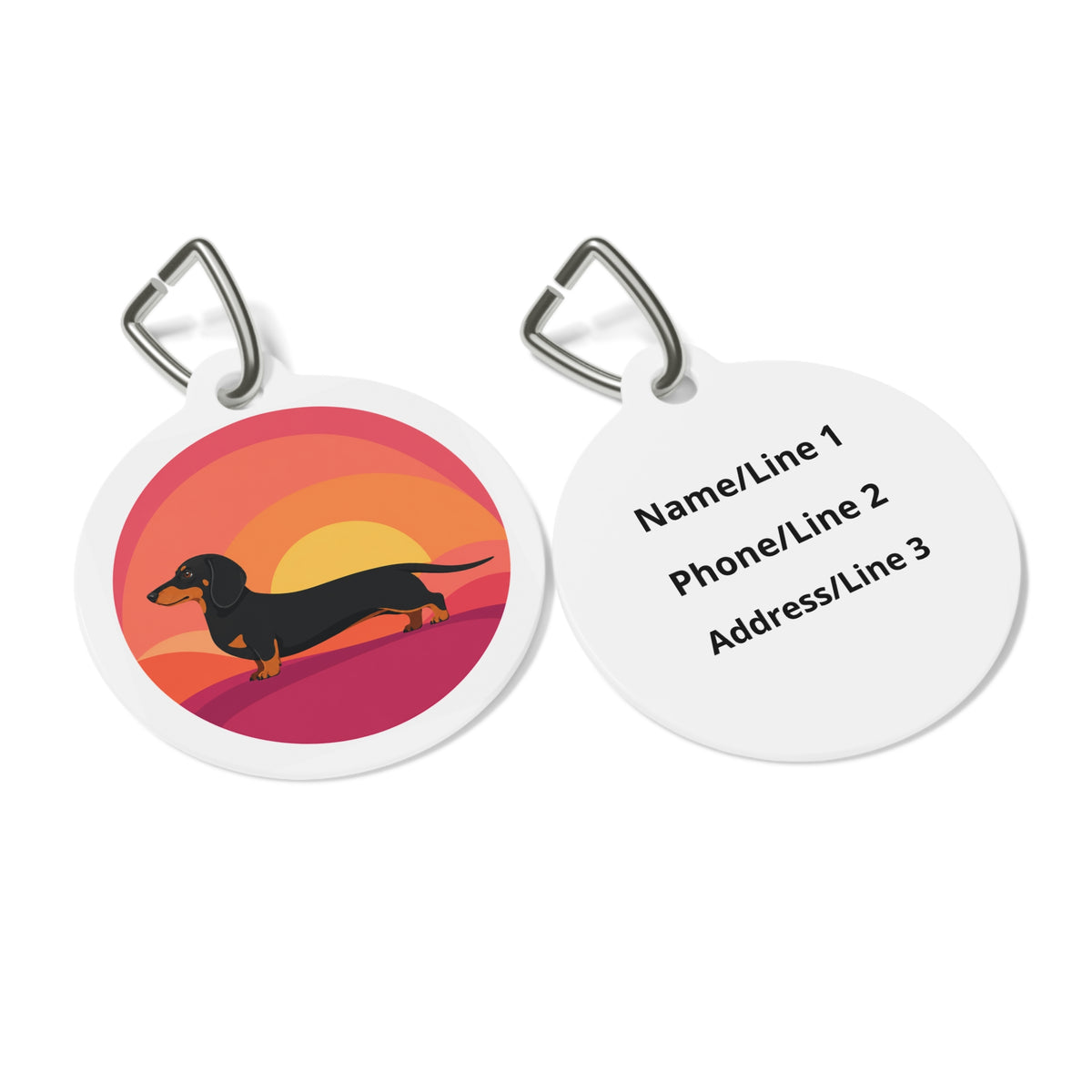 Close-up of Dachshund Retro Sunset artwork on personalized dog ID tag