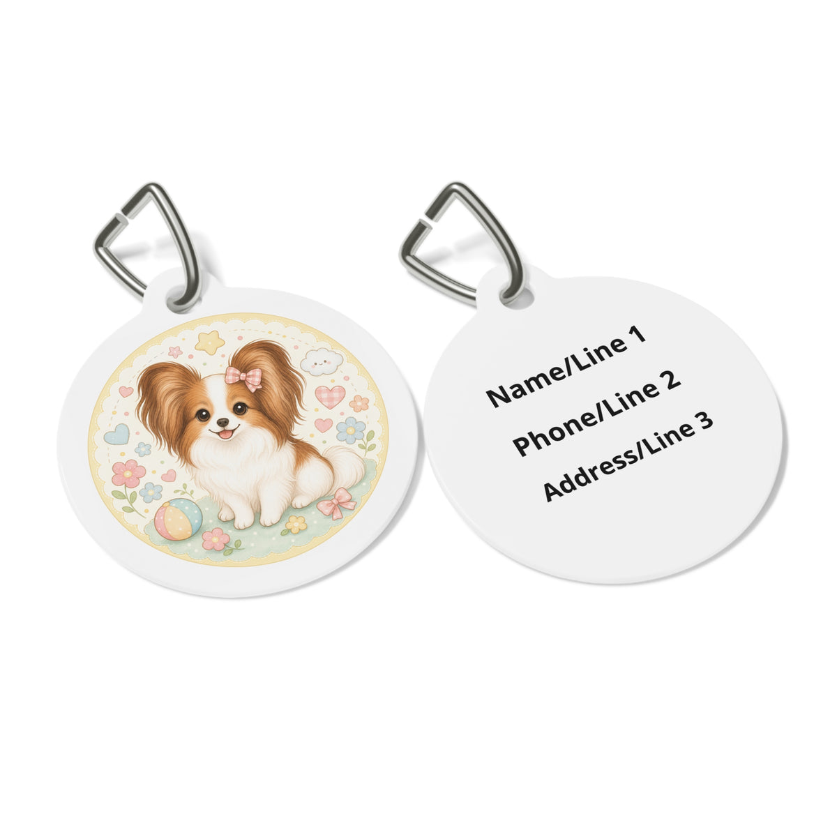 Close-up of Papillon Kawaii Pastel Bow artwork on personalized dog ID tag