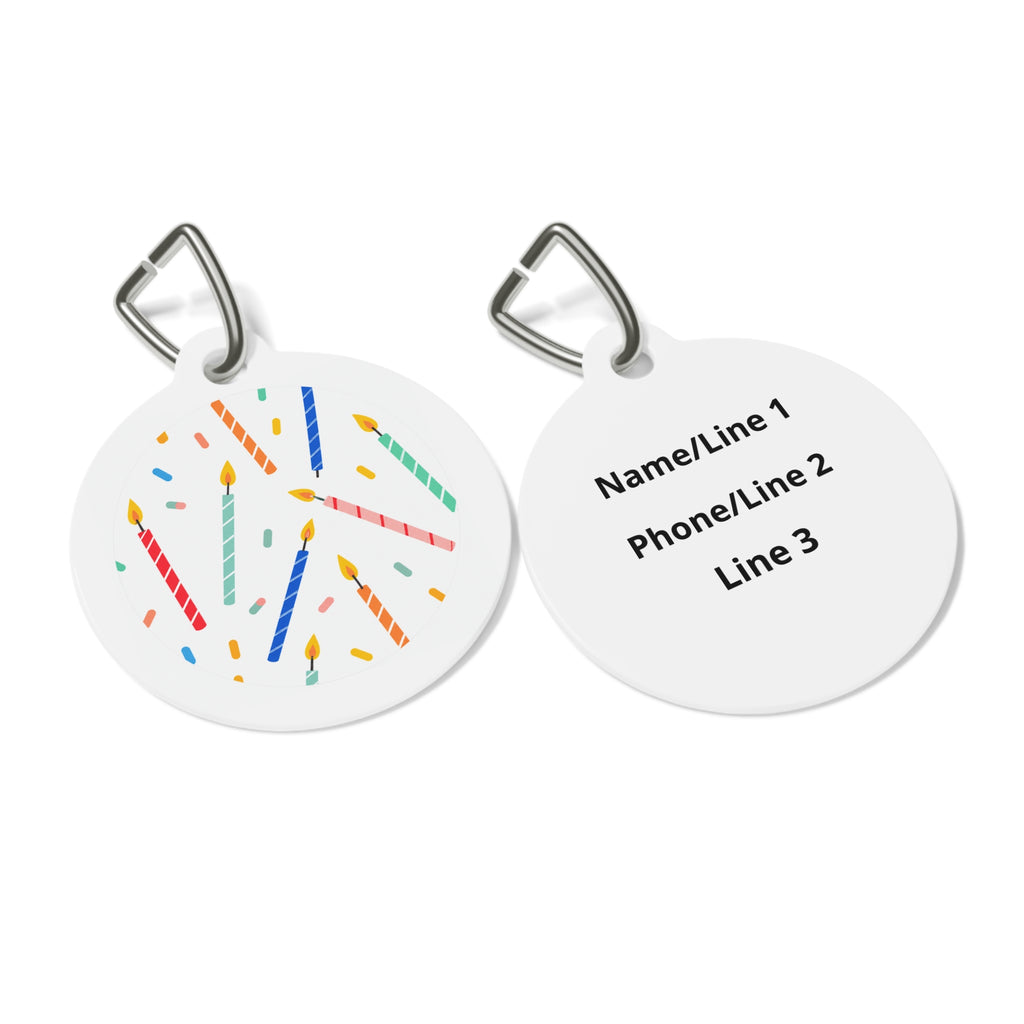 Etiqueta de identificación para perro personalizada, con diseño minimalista de arcoíris y velas espolvoreadas