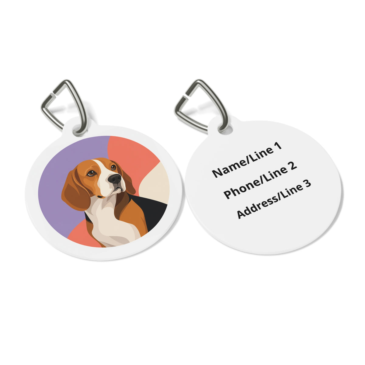 Close-up of Beagle Modern Geometric artwork on personalized dog ID tag