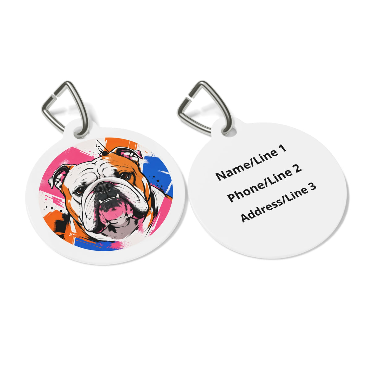 Close-up of Bulldog Urban Graffiti artwork on personalized dog ID tag