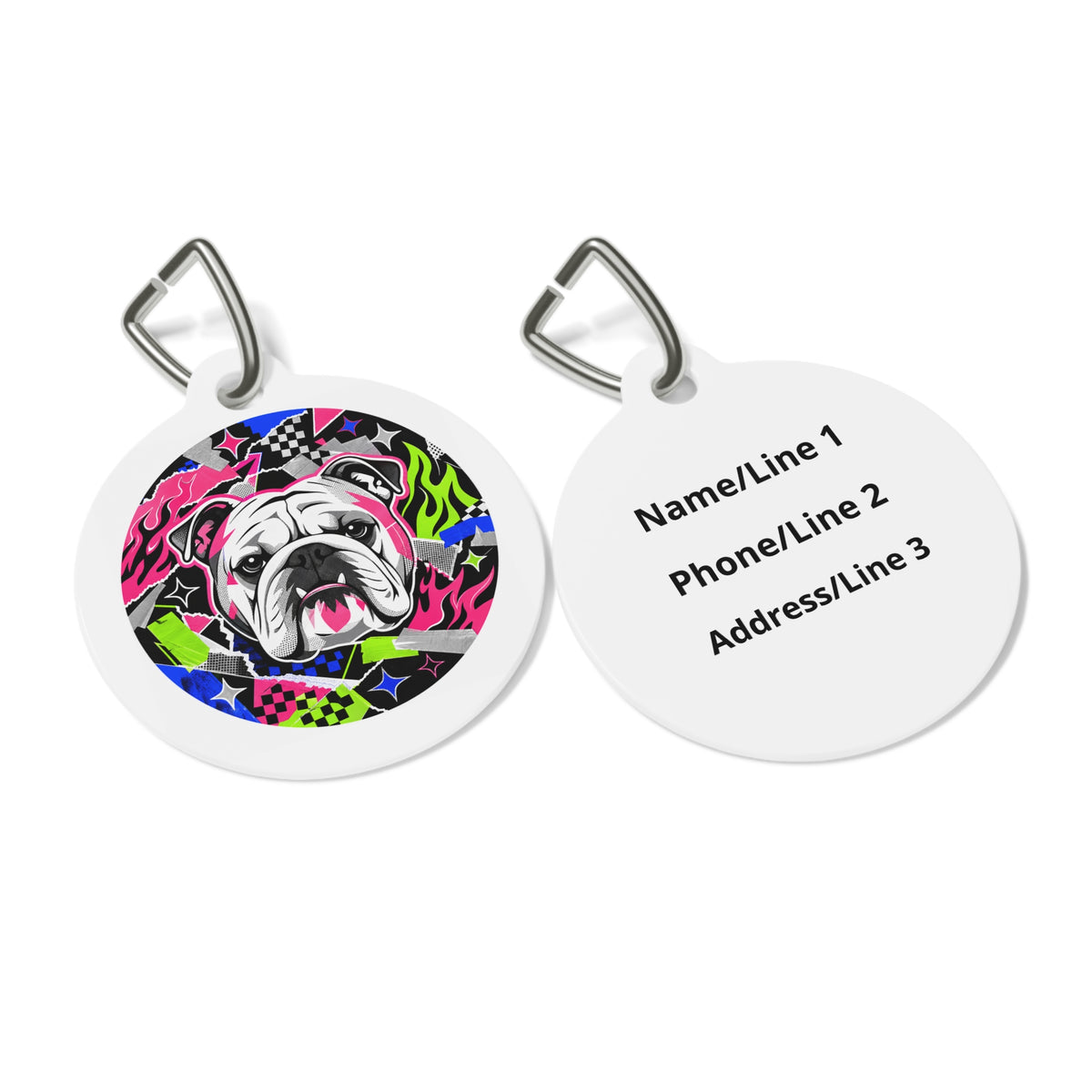 Close-up of Bulldog Neon Rebel Street Art artwork on personalized dog ID tag