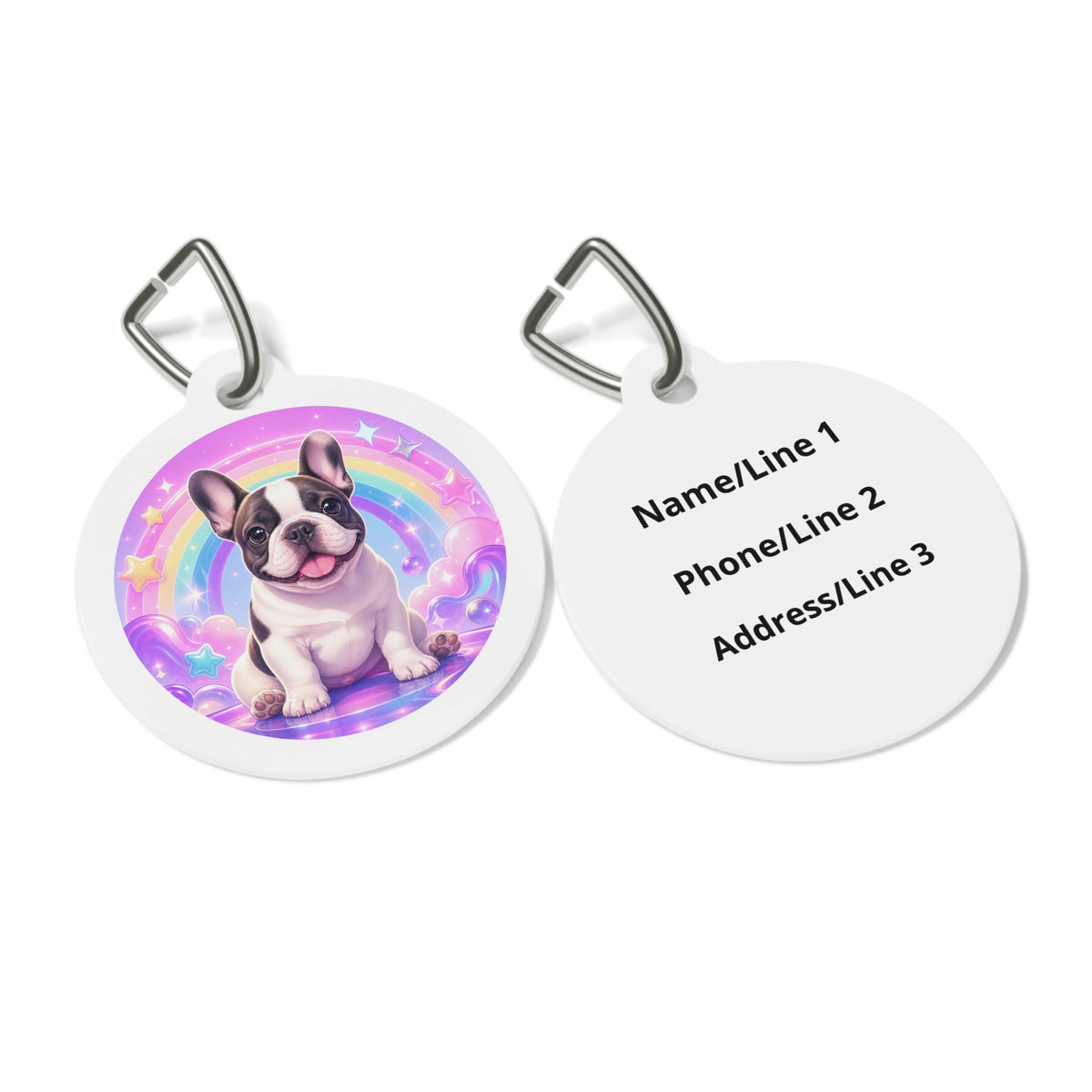 Close-up of French Bulldog Bright Rainbow artwork on personalized dog ID tag