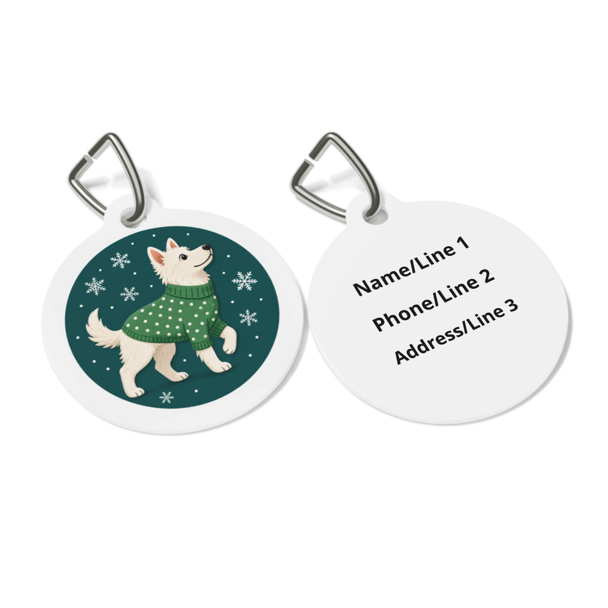 Close-up of Cozy Winter Pup in Sweater artwork on personalized dog ID tag
