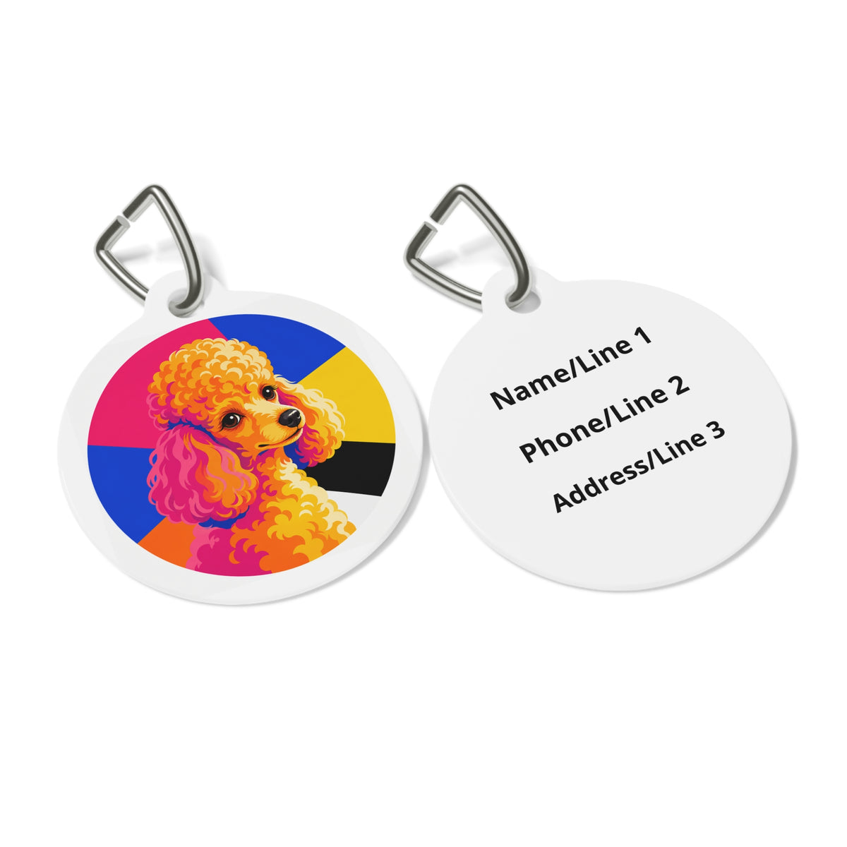 Close-up of Toy Poodle Neon Pop Show Poodle artwork on personalized dog ID tag