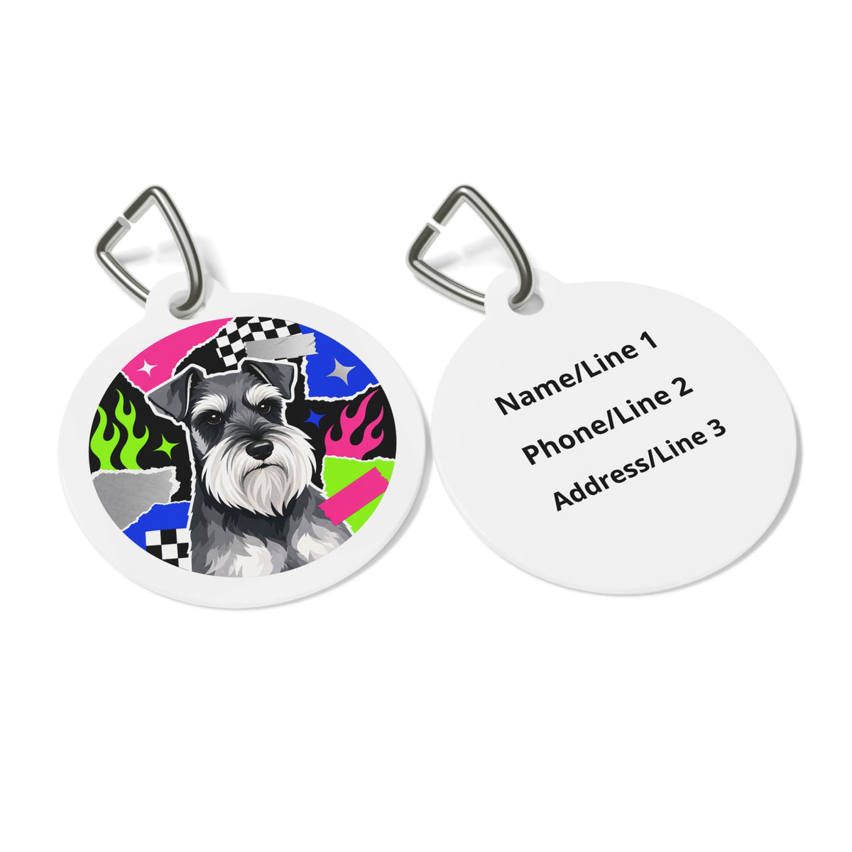 Close-up of Miniature Schnauzer Pop Art artwork on personalized dog ID tag