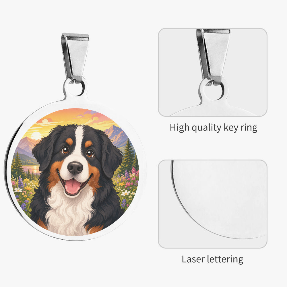 Close-up of Bernese Mountain Dog Alpine Sunset Portrait artwork on personalized dog ID tag