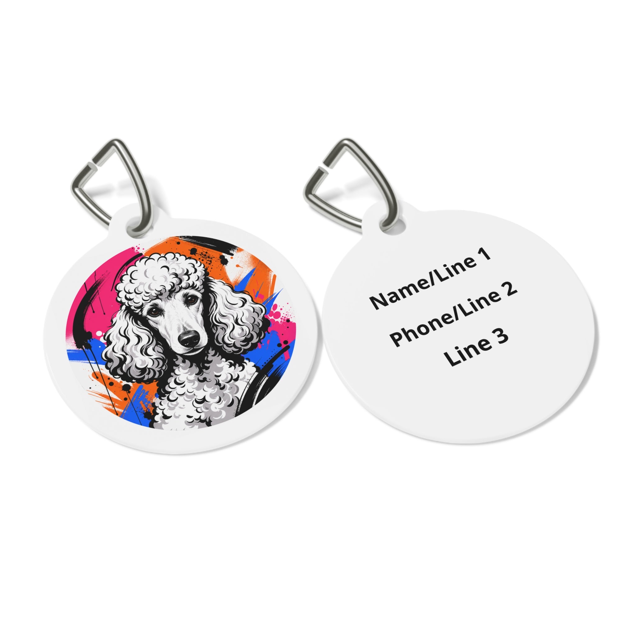 Chapa de identificación personalizada para perro con salpicaduras de tinta y caniche
