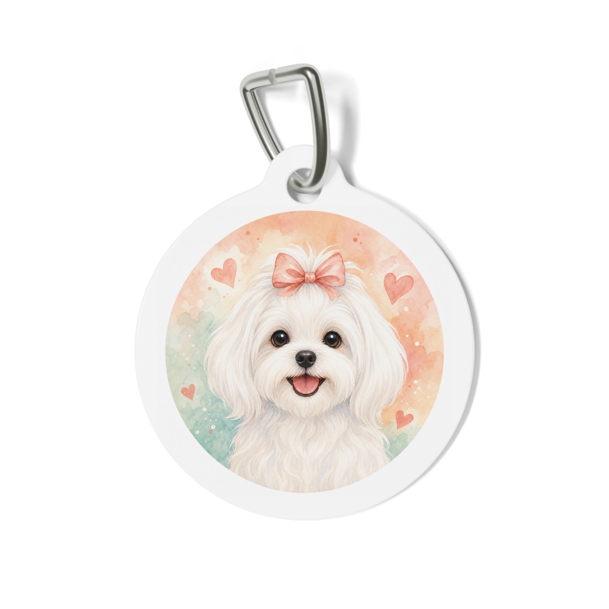 Maltese Peach Bow & Hearts Watercolor Personalized Dog ID Tag