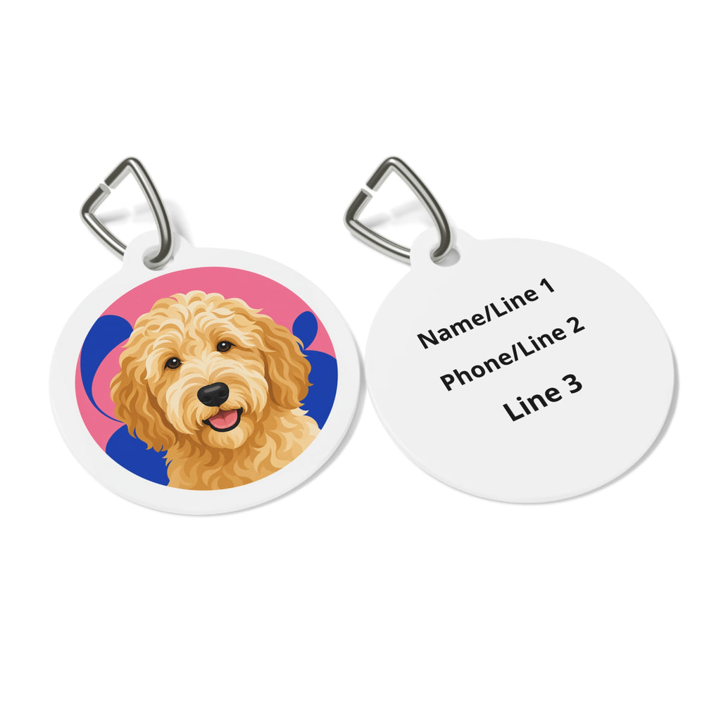 Etiqueta de identificación de perro personalizada Goldendoodle, retrato vívido y alegre