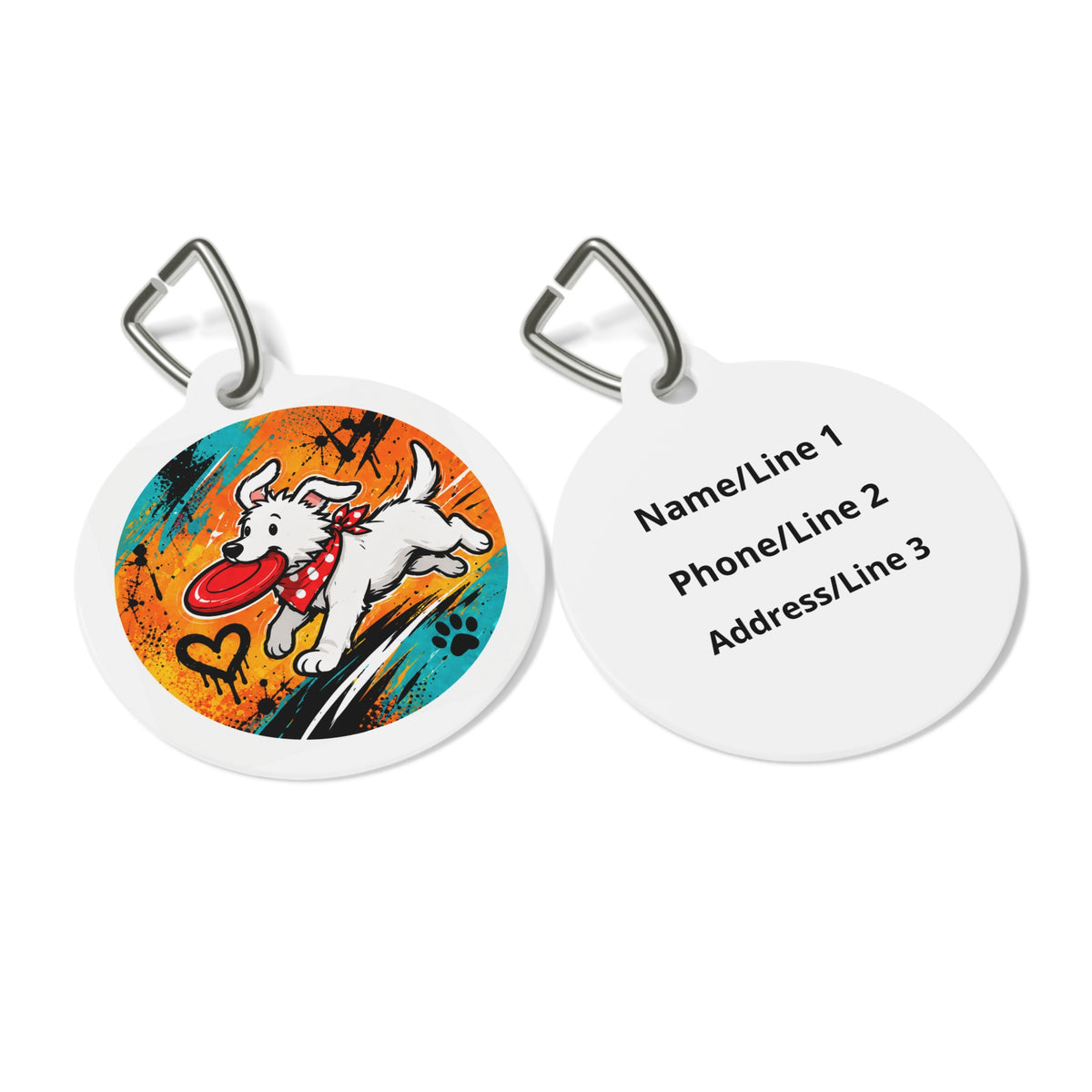 Close-up of Flying Disc Pup Energetic Sports Illustration artwork on personalized dog ID tag