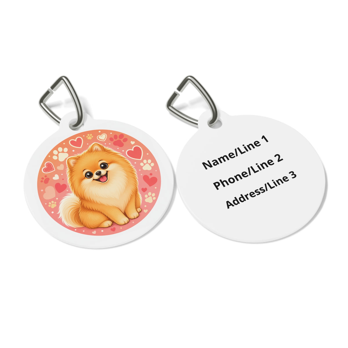Close-up of Pomeranian Pink Hearts & Paw Prints artwork on personalized dog ID tag