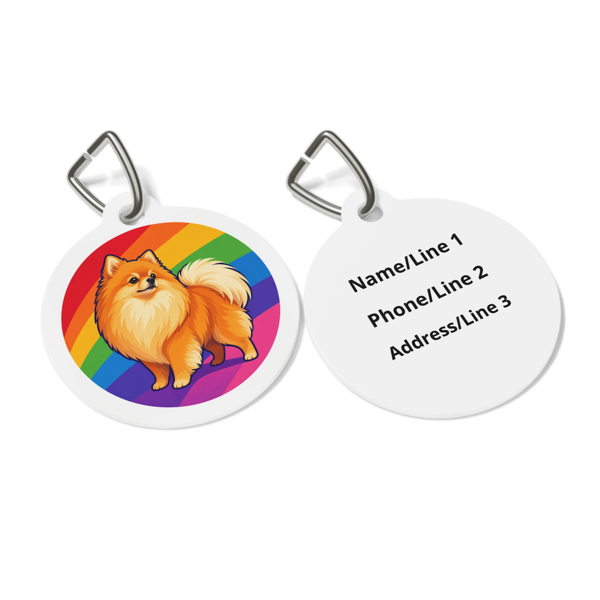 Close-up of Pomeranian Rainbow Pride Pop Art artwork on personalized dog ID tag