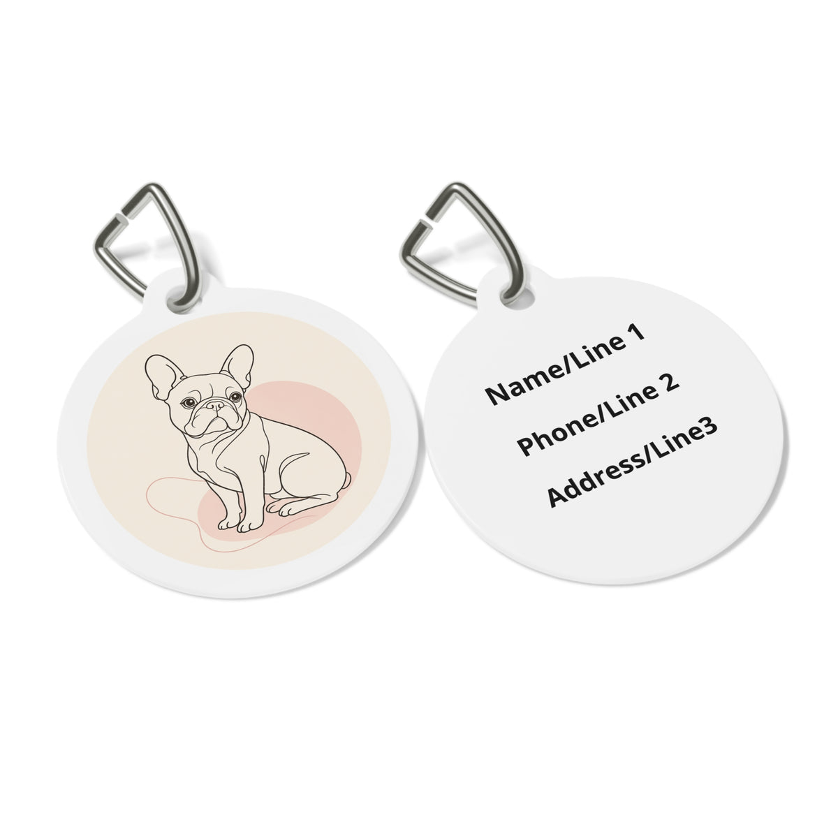 Close-up of French Bulldog Joyful Minimal Line Art artwork on personalized dog ID tag