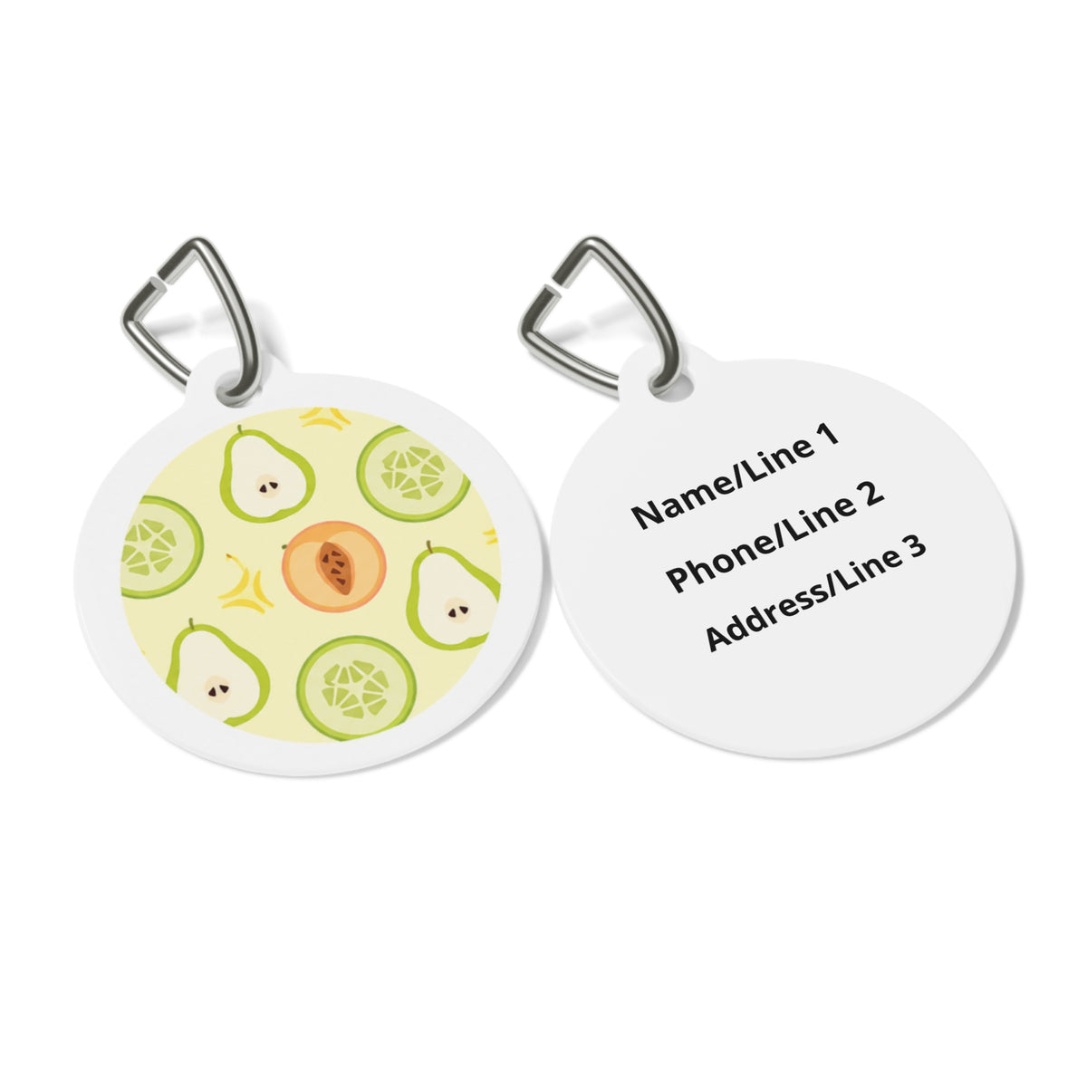 Close-up of Pear Garden Cheerful Fruit Pattern artwork on personalized dog ID tag