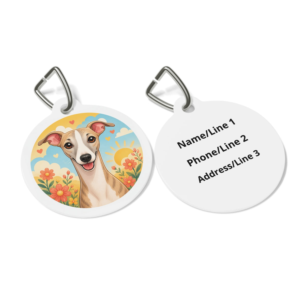 Close-up of Whippet Sunny Wildflower artwork on personalized dog ID tag