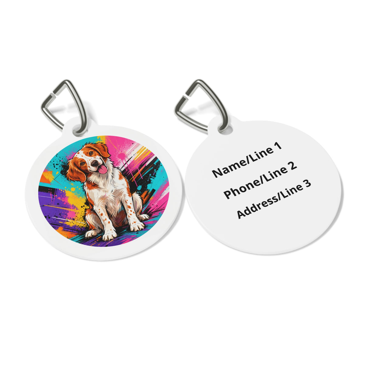 Close-up of Brittany Bold Paint Splash artwork on personalized dog ID tag