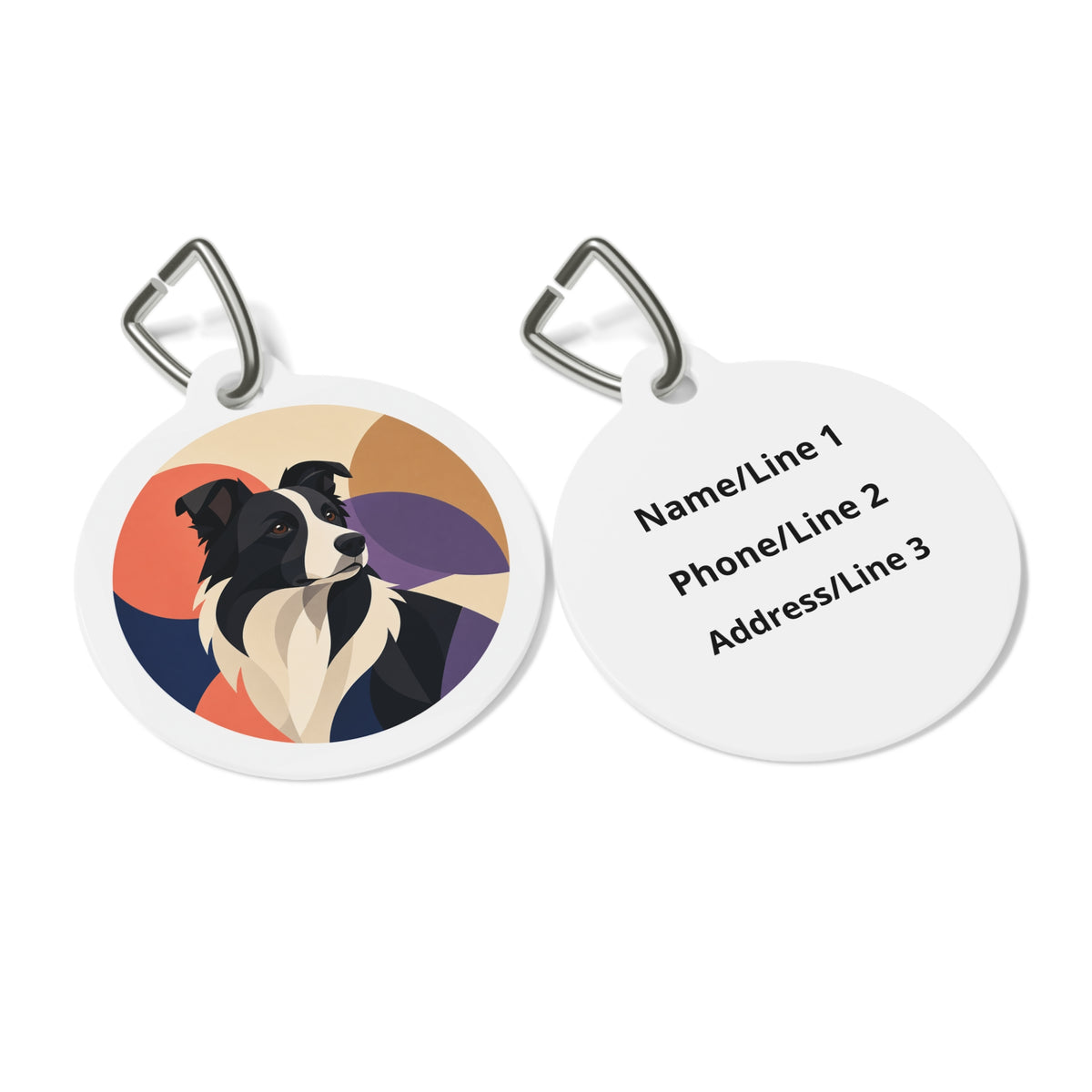 Close-up of Border Collie Geometric Retro Muse artwork on personalized dog ID tag