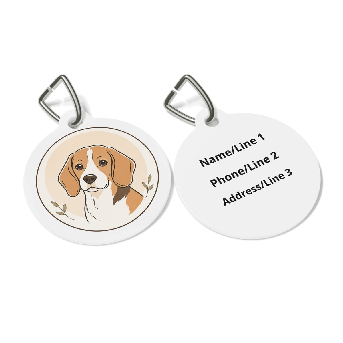 Close-up of Beagle Botanical Line Portrait artwork on personalized dog ID tag