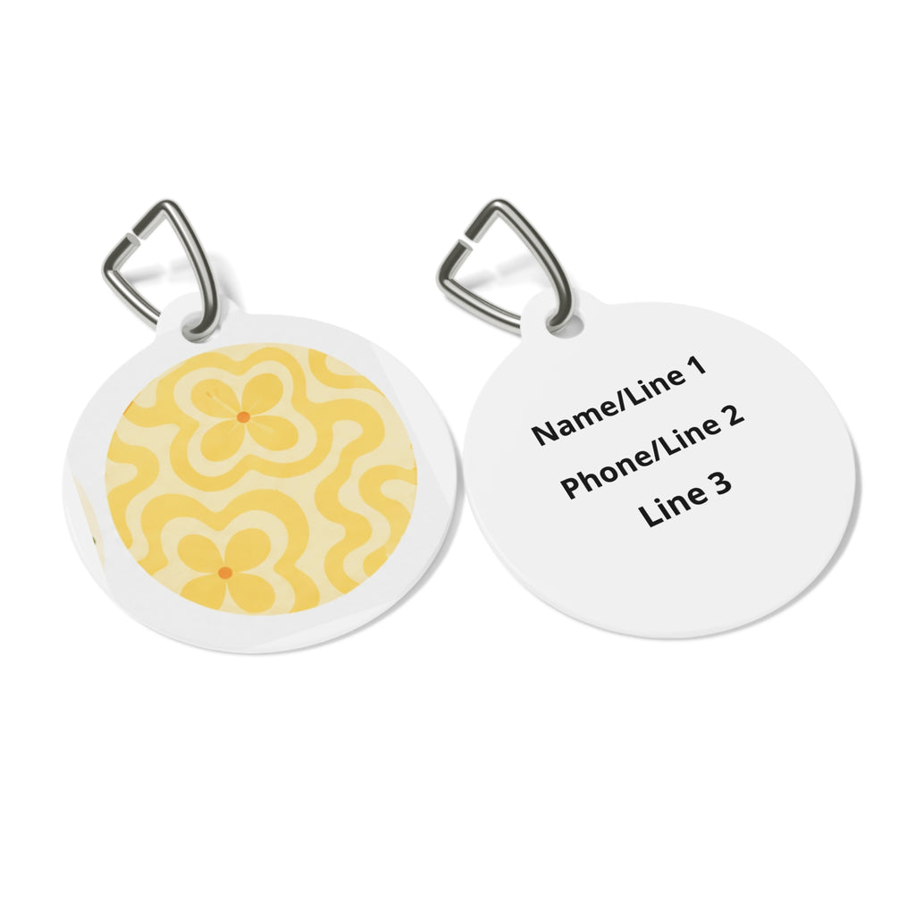 Groovy Yellow Floral Retro Floral Pattern Personalized Dog ID Tag