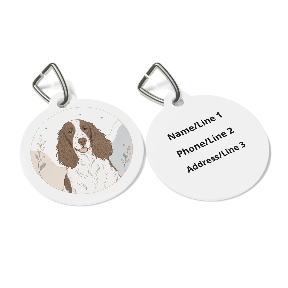 Close-up of English Springer Spaniel Minimal Neutral artwork on personalized dog ID tag