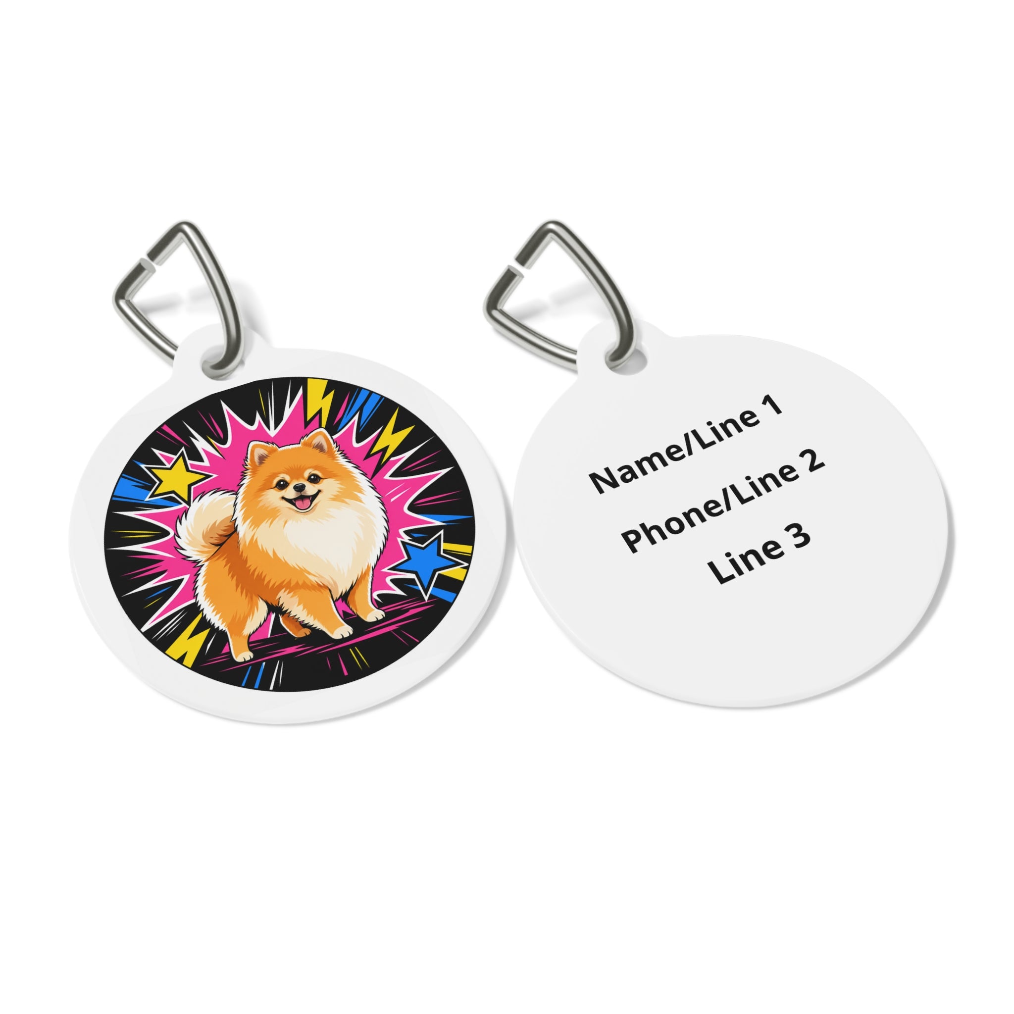 Pomeranian Comic Starburst Hero Personalized Dog ID Tag