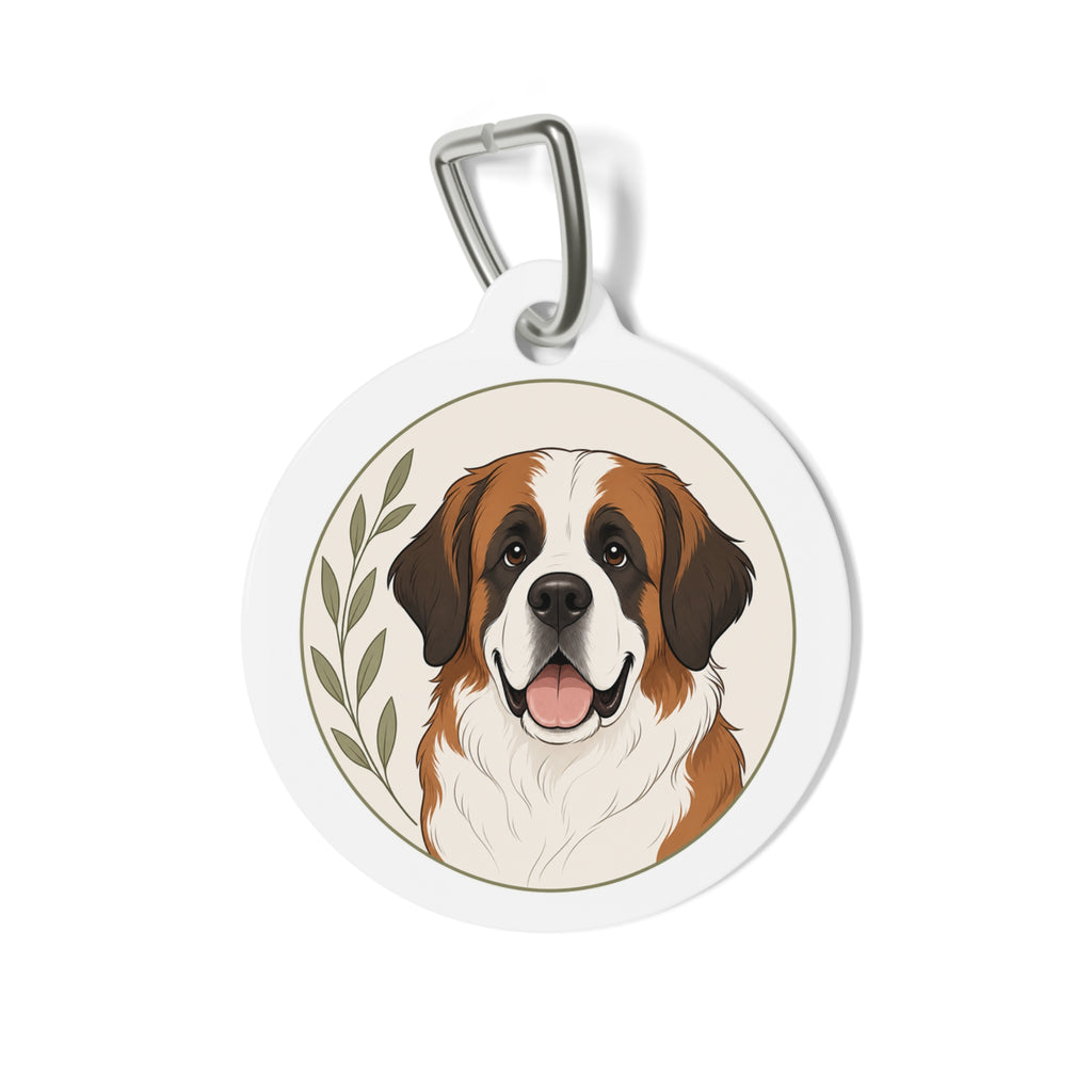 Etiqueta de identificación de perro personalizada con ilustración elegante de San Bernardo en el jardín