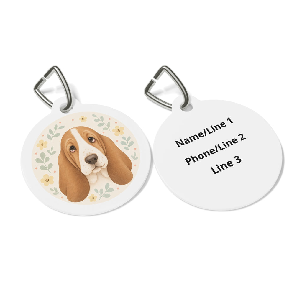 Etiqueta de identificación de perro Basset Hound suave con motivos botánicos personalizada