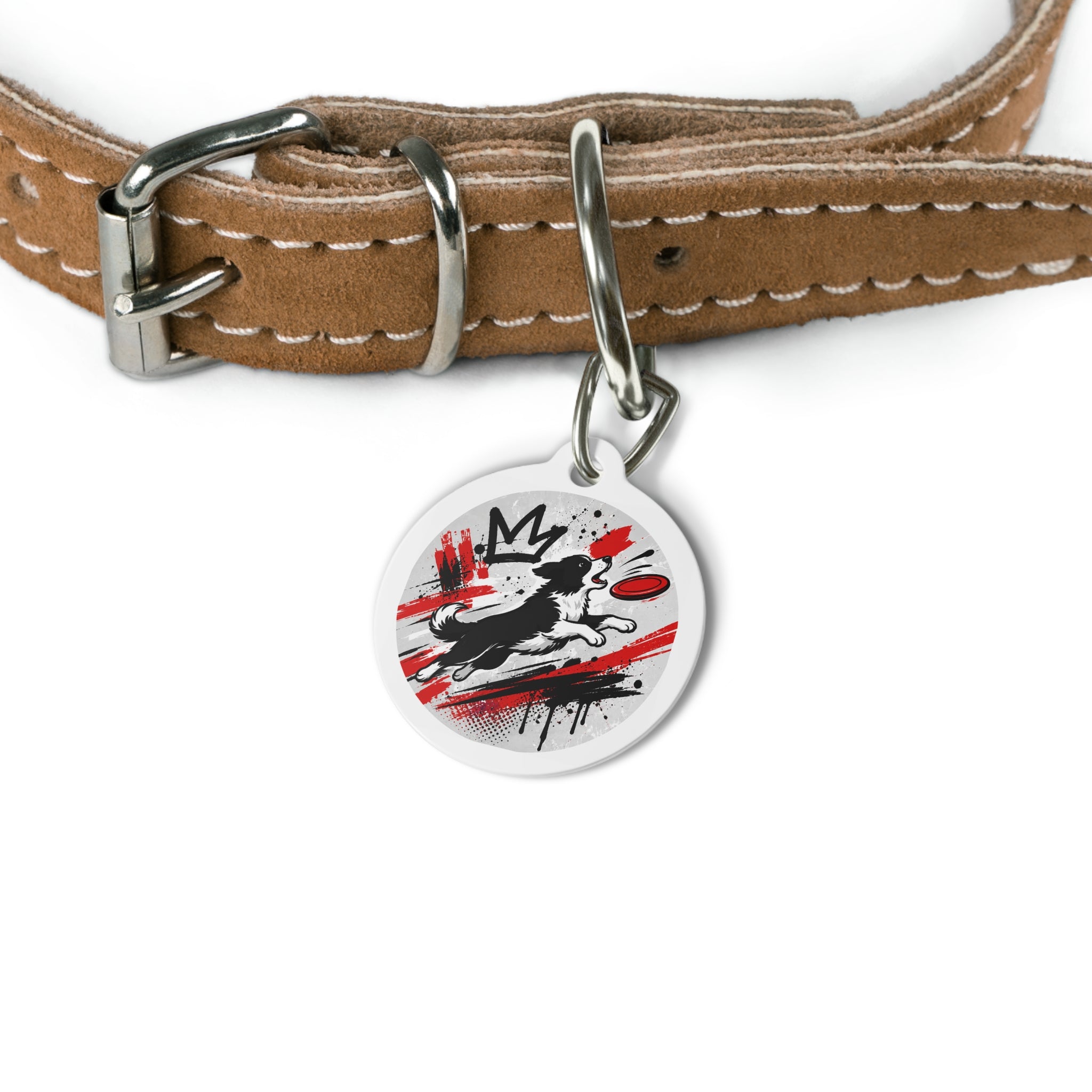 Flying Disc Collie Energetic Sports Illustration Personalized Dog ID Tag