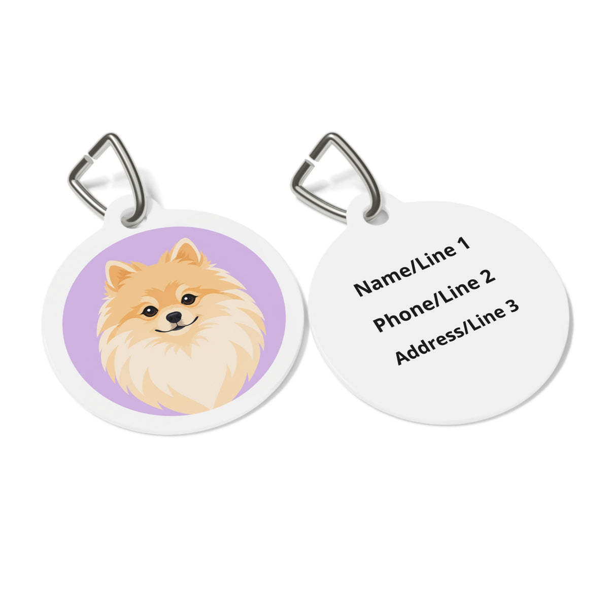 Close-up of Pomeranian Soft Lavender Portrait artwork on personalized dog ID tag