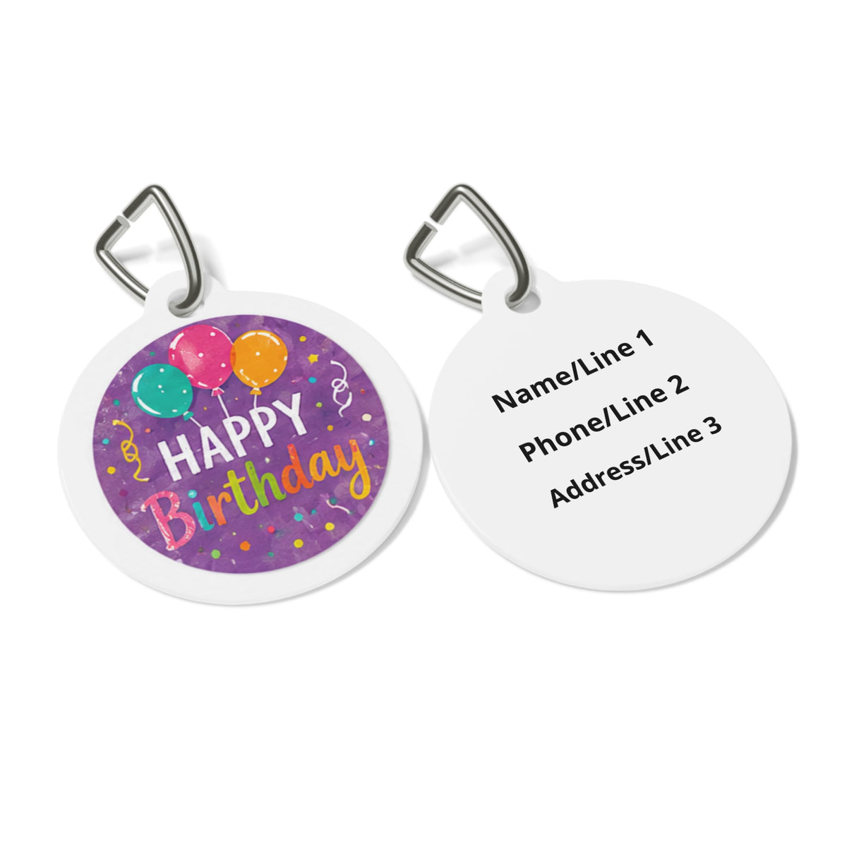 Close-up of Purple Balloon & Confetti Surprise artwork on personalized dog ID tag