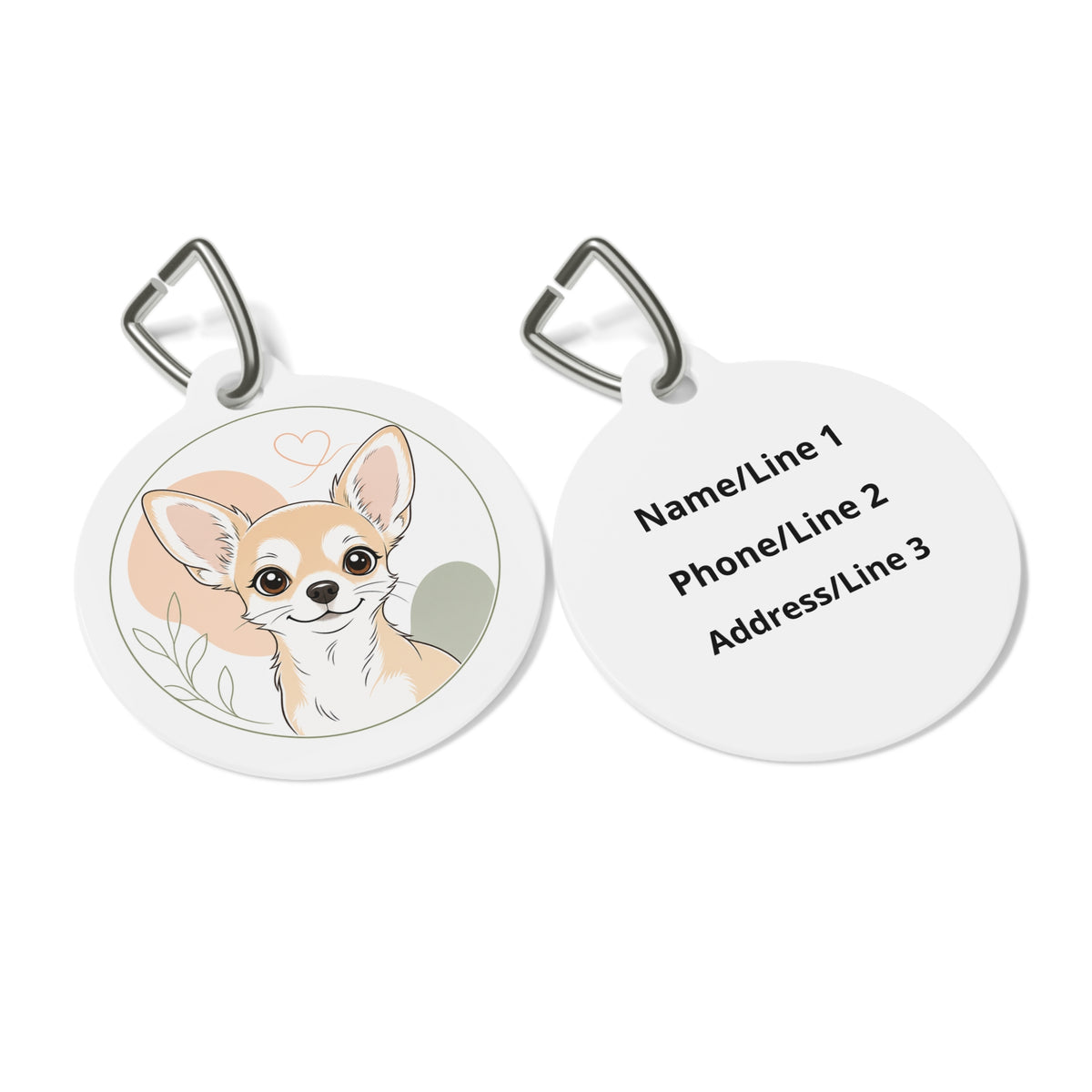 Close-up of Chihuahua Minimal Botanical Line Art artwork on personalized dog ID tag