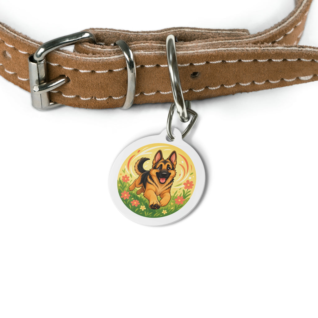 Etiqueta de identificación para perro personalizada de Pastor Alemán en Campo de Flores Soleado