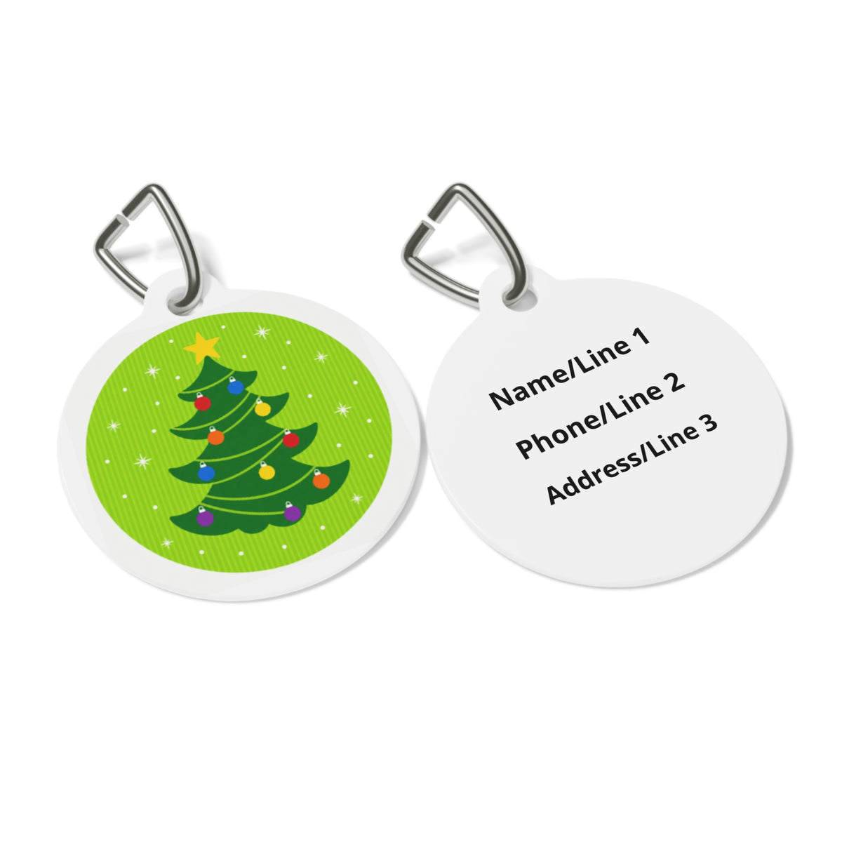 Close-up of Bright Lime Christmas Tree artwork on personalized dog ID tag
