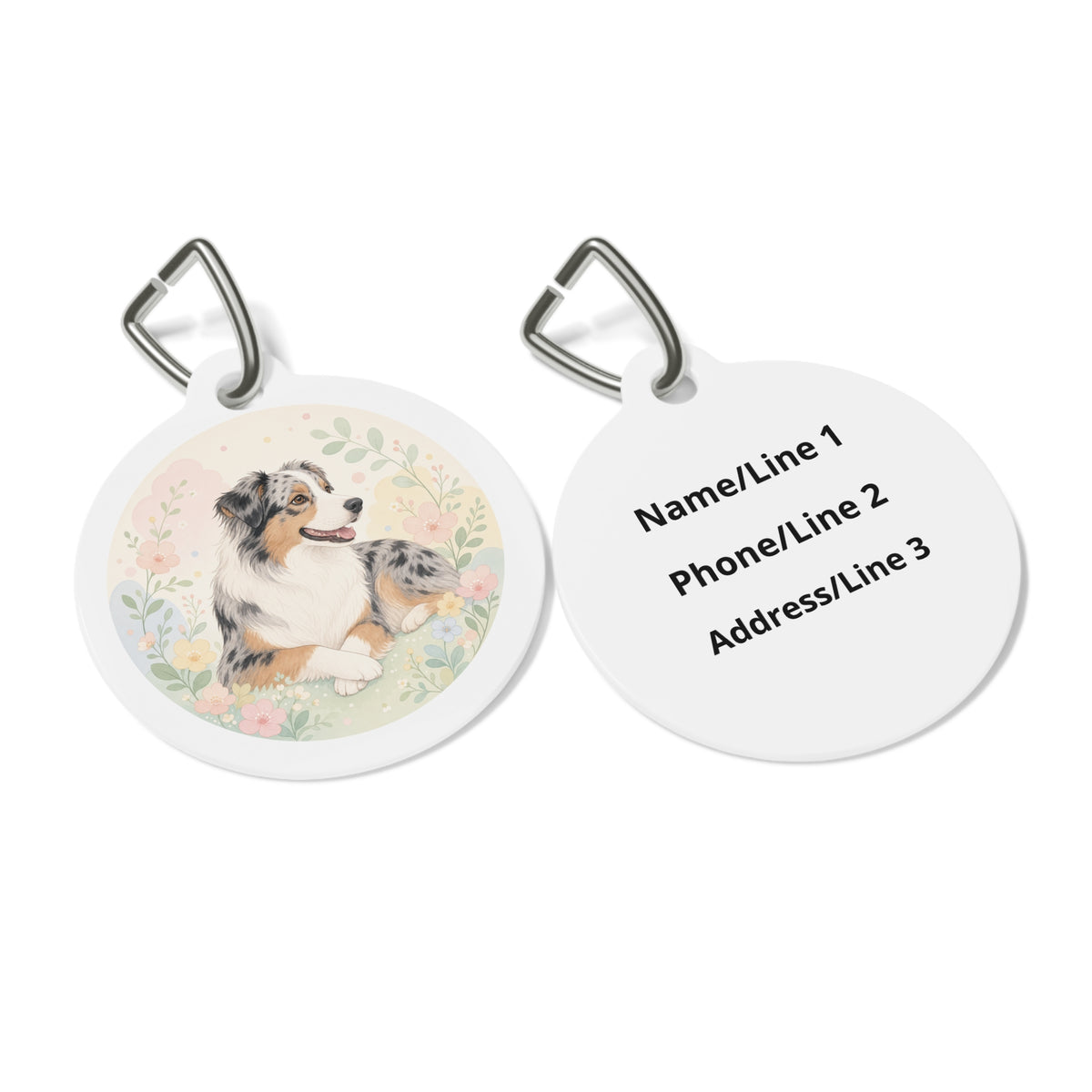 Close-up of Australian Shepherd Pastel Garden artwork on personalized dog ID tag