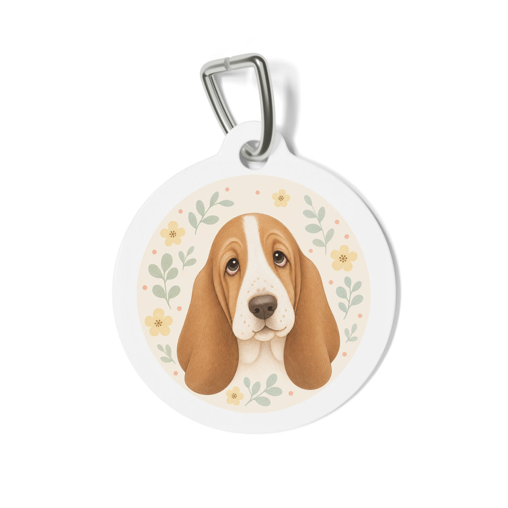 Etiqueta de identificación de perro Basset Hound suave con motivos botánicos personalizada