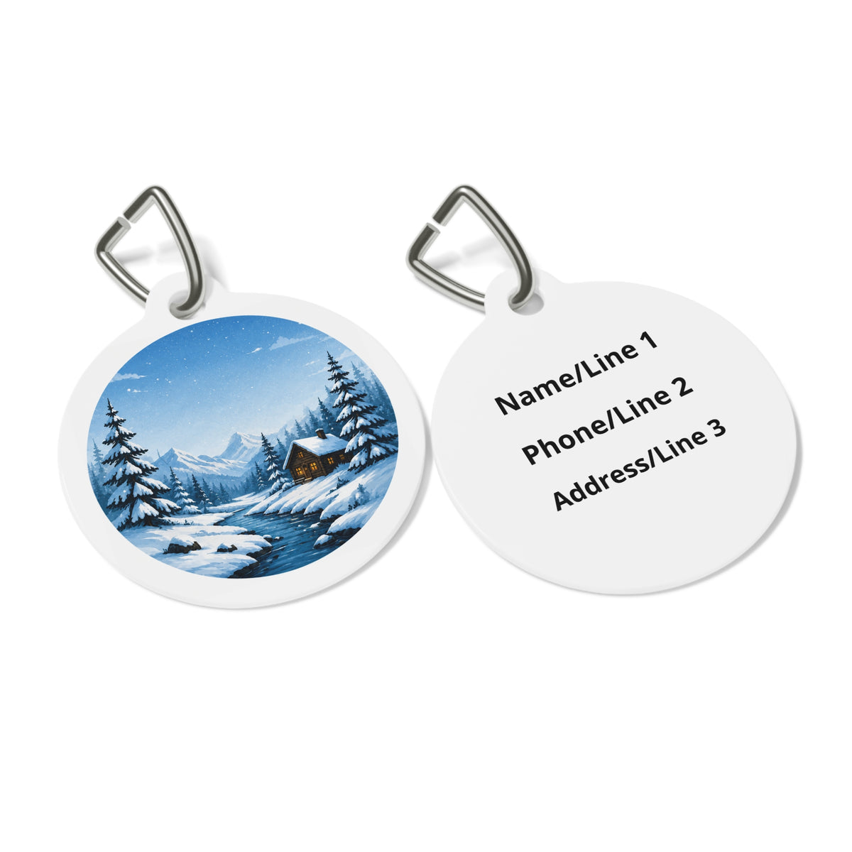 Close-up of Cozy Cabin Scenic Outdoor Adventure artwork on personalized dog ID tag