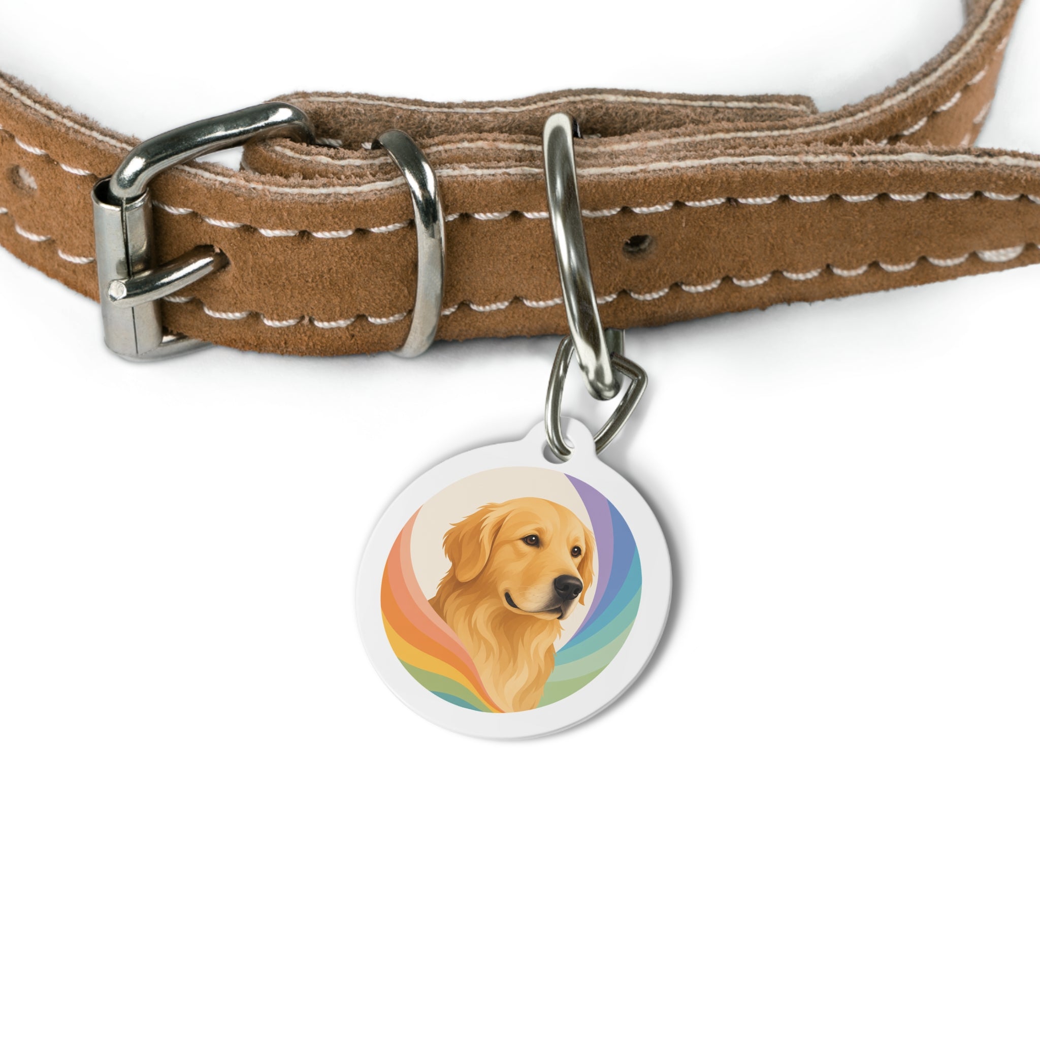 Etiqueta de identificación de perro personalizada Golden Retriever Aura Arcoíris