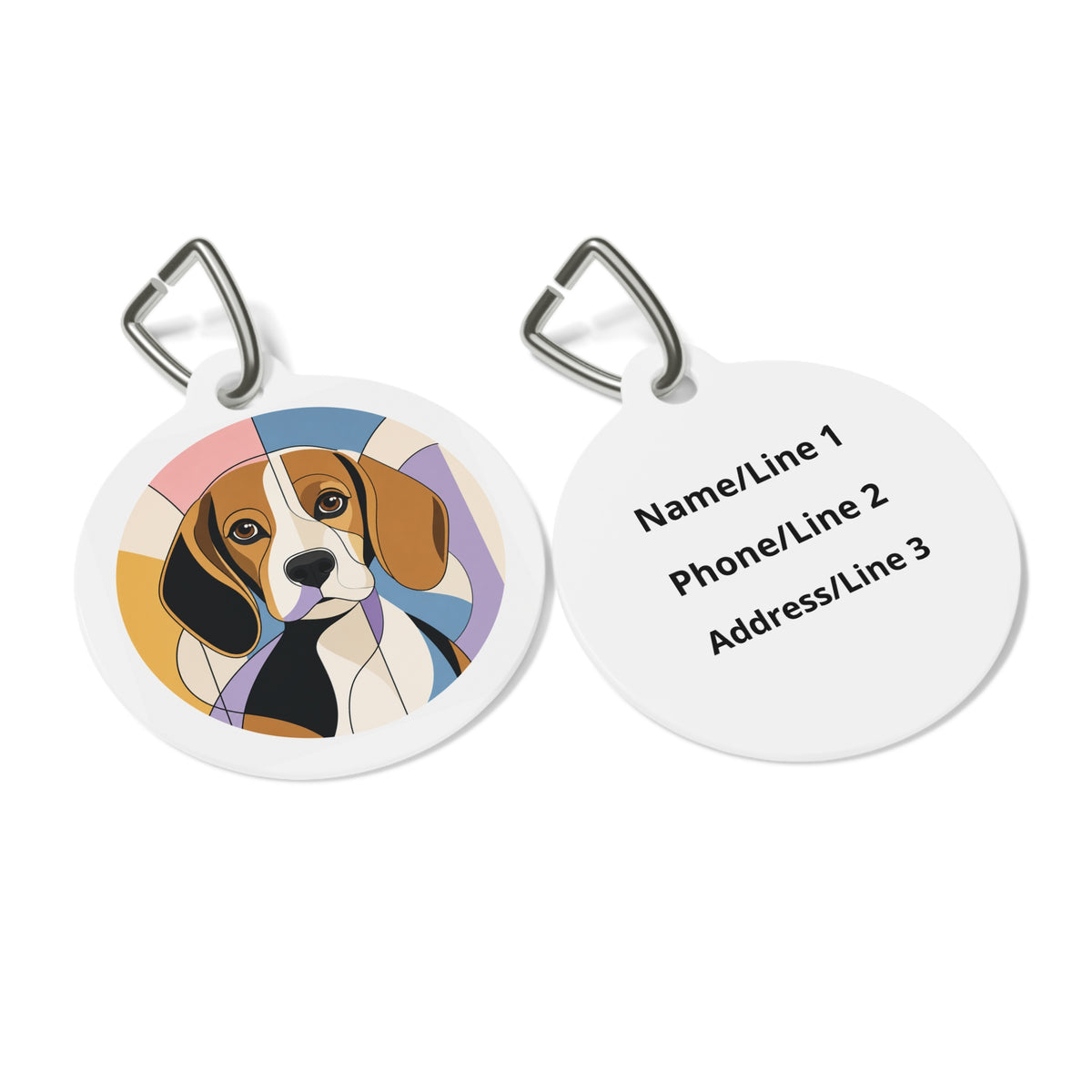 Close-up of Beagle Faceted Geometric artwork on personalized dog ID tag