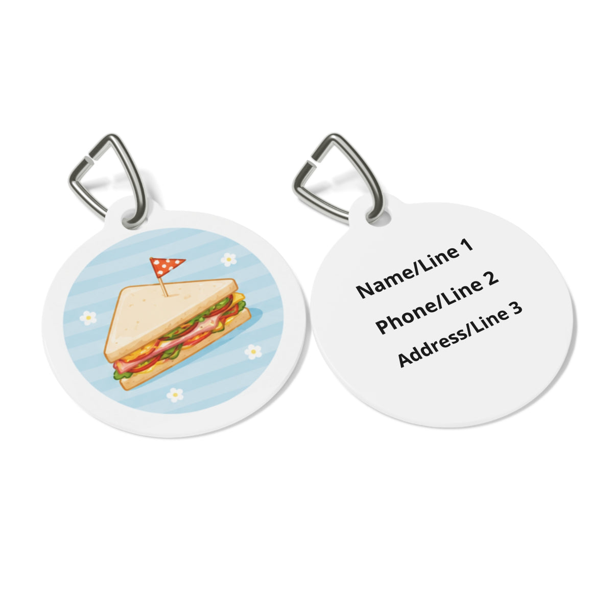 Close-up of Picnic Club Sandwich Whimsical Foodie Art artwork on personalized dog ID tag